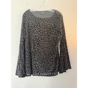 L&B Lucky & Blessed Blouse Womens L Gray Velvet Animal Print Bell Sleeve Top